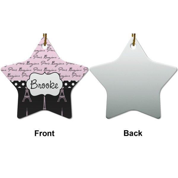 Paris Bonjour and Eiffel Tower Ceramic Flat Ornament - Star Front & Back (APPROVAL)