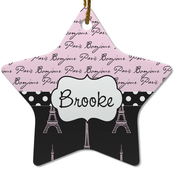 Paris Bonjour and Eiffel Tower Ceramic Flat Ornament - Star (Front)