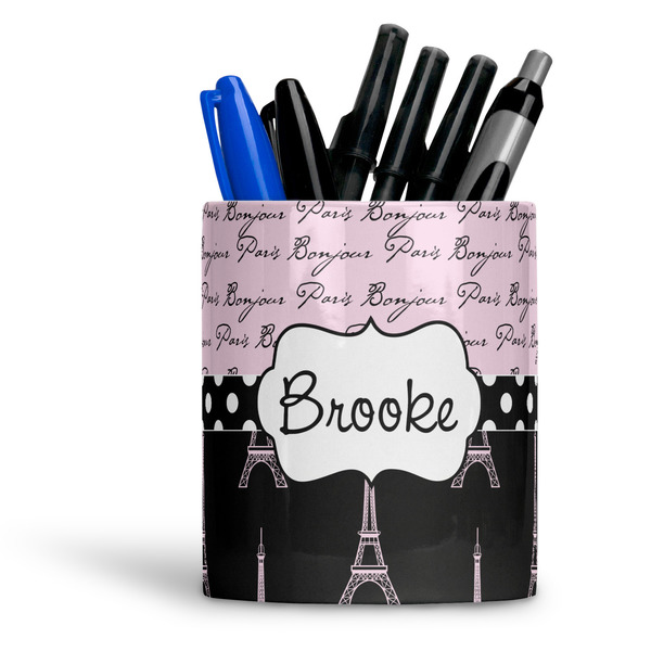 Custom Paris Bonjour and Eiffel Tower Ceramic Pen Holder