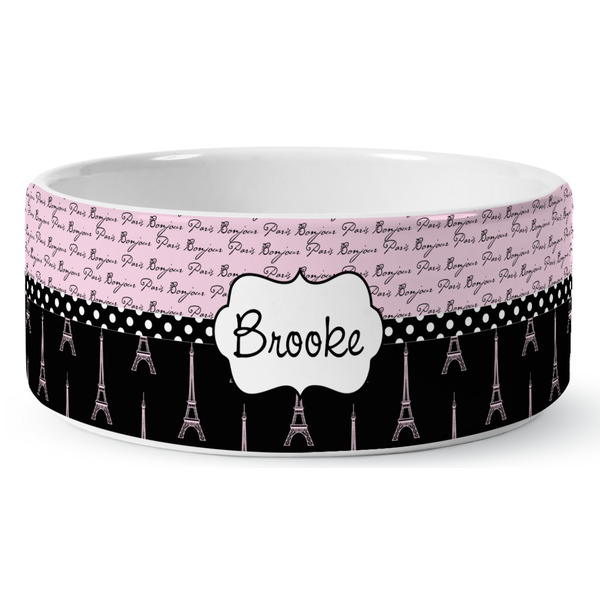 Custom Paris Bonjour and Eiffel Tower Ceramic Dog Bowl (Personalized)