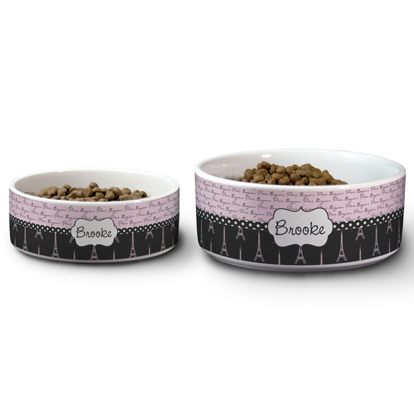 Paris Bonjour and Eiffel Tower Ceramic Dog Bowls - Size Comparison