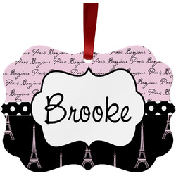 Paris Bonjour and Eiffel Tower Metal Frame Ornament - Double Sided w/ Name or Text