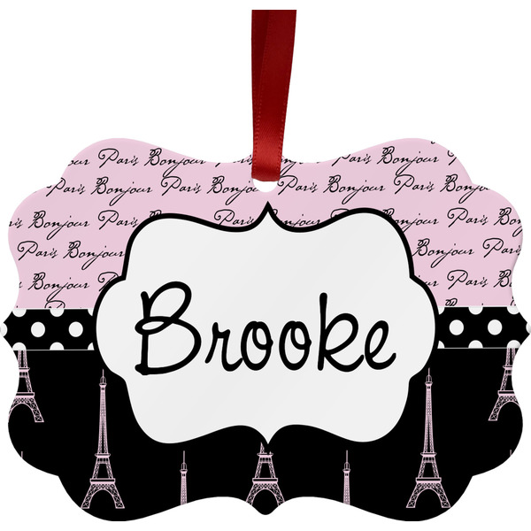 Custom Paris Bonjour and Eiffel Tower Metal Frame Ornament - Double Sided w/ Name or Text