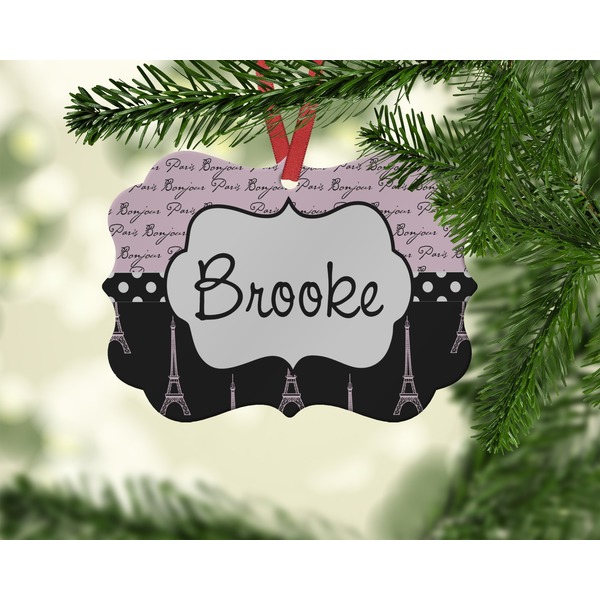 Paris Bonjour and Eiffel Tower Christmas Ornament (On Tree)