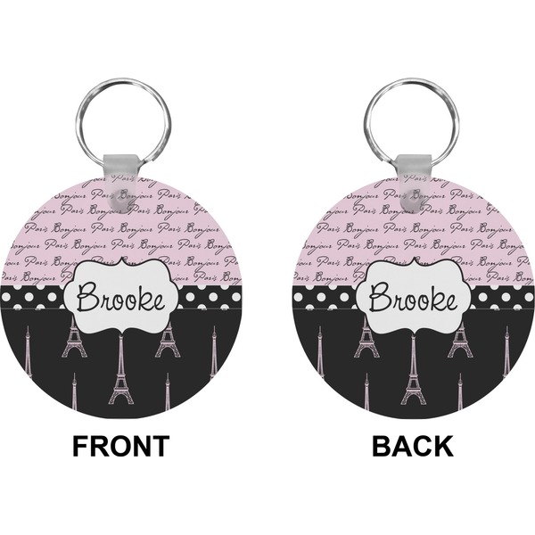 Paris Bonjour and Eiffel Tower Circle Keychain (Front + Back)