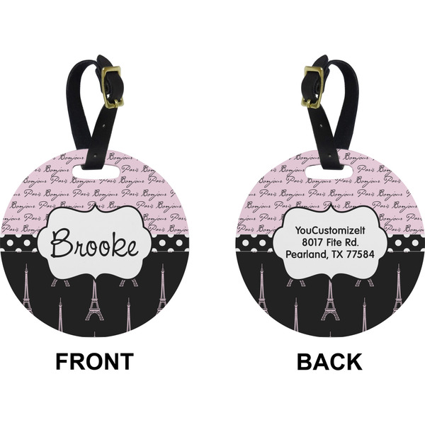Paris Bonjour and Eiffel Tower Circle Luggage Tag (Front + Back)