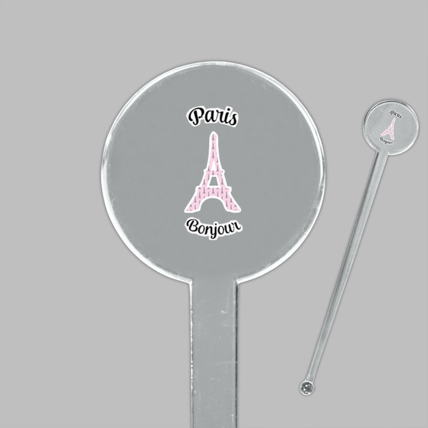 Paris Bonjour and Eiffel Tower Clear Plastic 7" Stir Stick - Round - Closeup