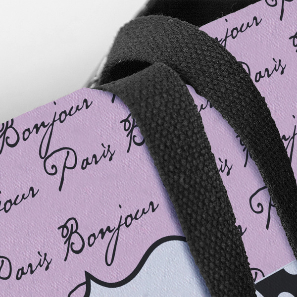 Paris Bonjour and Eiffel Tower Closeup of Tote w/Black Handles