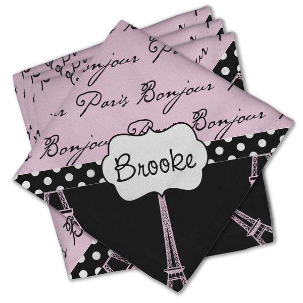Custom Paris Bonjour and Eiffel Tower Cloth Cocktail Napkins - Set of 4 w/ Name or Text