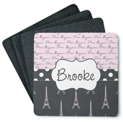 Paris Bonjour and Eiffel Tower Square Rubber Backed Coasters - Set of 4 (Personalized)