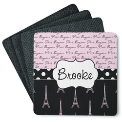 Paris Bonjour and Eiffel Tower Square Rubber Backed Coasters - Set of 4 (Personalized)