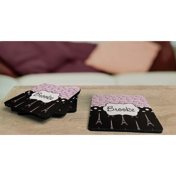 Paris Bonjour and Eiffel Tower Coaster Rubber Back - On Coffee Table
