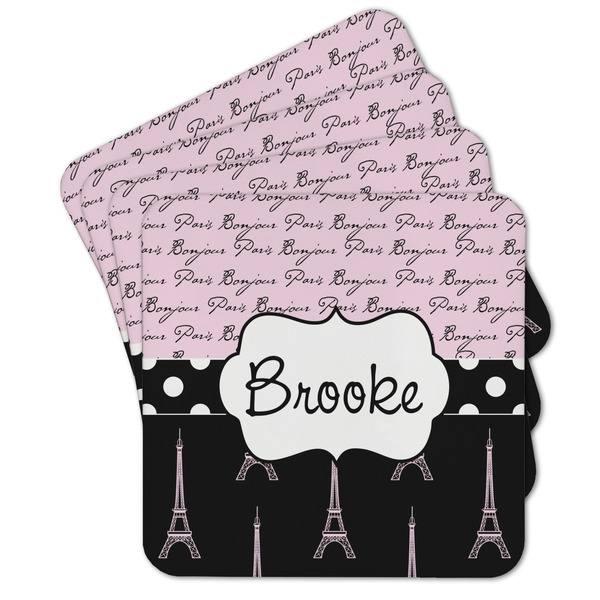 Custom Paris Bonjour and Eiffel Tower Cork Coaster - Set of 4 w/ Name or Text
