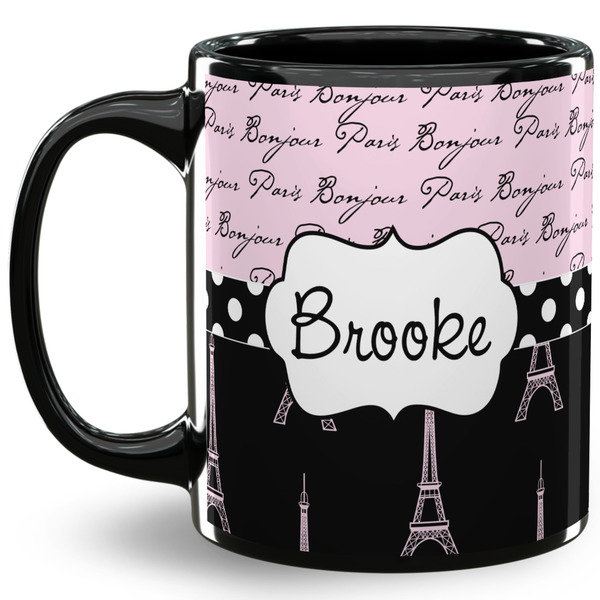 Custom Paris Bonjour and Eiffel Tower 11 Oz Coffee Mug - Black (Personalized)