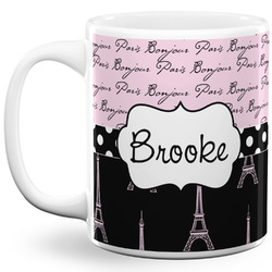 Paris Bonjour and Eiffel Tower 11 Oz Coffee Mug - White (Personalized)