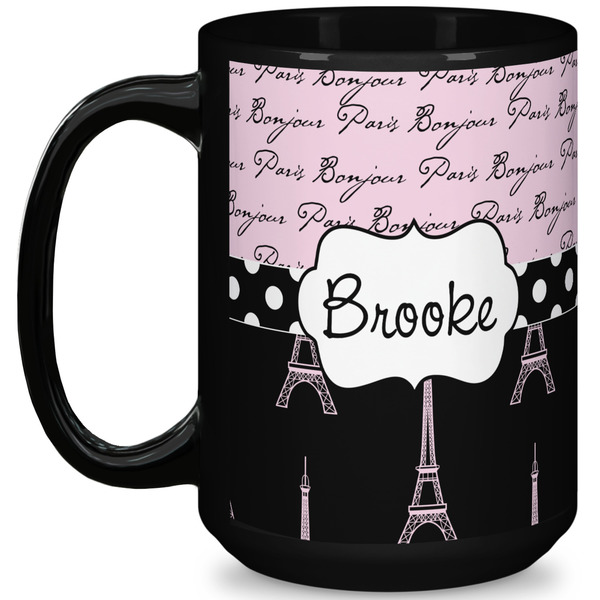 Custom Paris Bonjour and Eiffel Tower 15 Oz Coffee Mug - Black (Personalized)