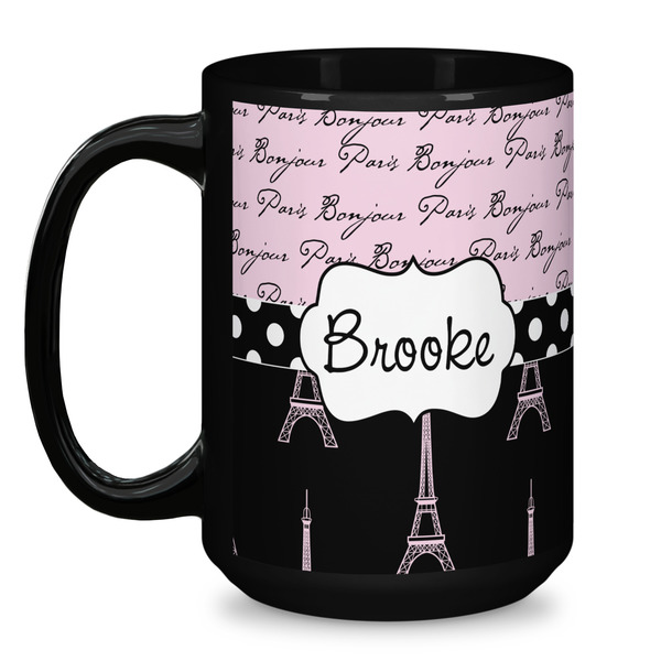 Paris Bonjour and Eiffel Tower Coffee Mug - 15 oz - Black