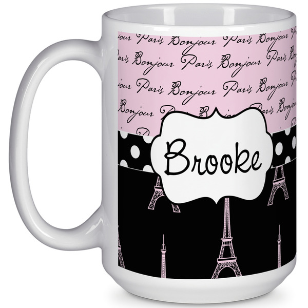 Custom Paris Bonjour and Eiffel Tower 15 Oz Coffee Mug - White (Personalized)