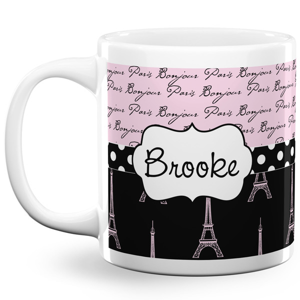 Custom Paris Bonjour and Eiffel Tower 20 Oz Coffee Mug - White (Personalized)