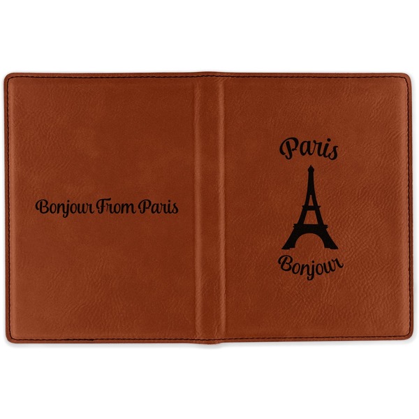 Paris Bonjour and Eiffel Tower Cognac Leather Passport Holder Outside Double Sided - Apvl
