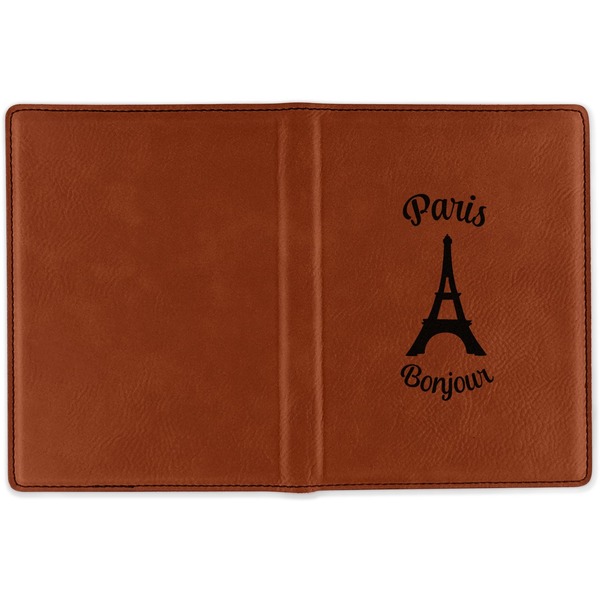 Paris Bonjour and Eiffel Tower Cognac Leather Passport Holder Outside Single Sided - Apvl