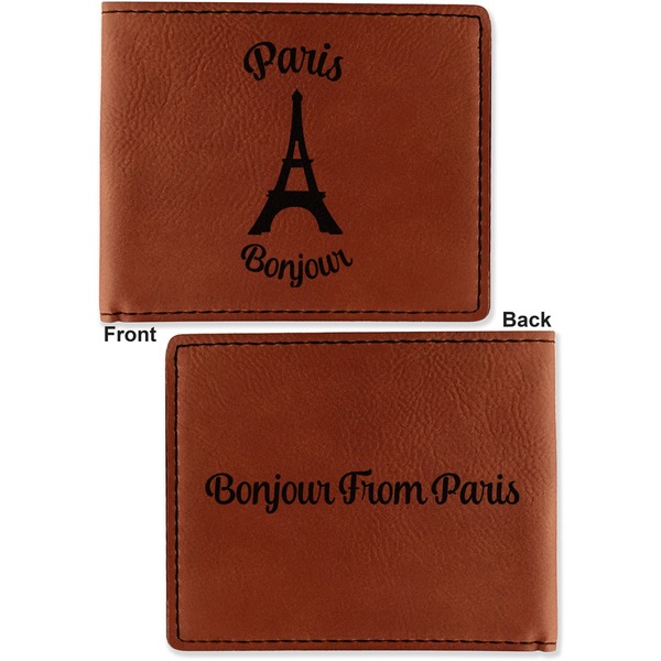 Paris Bonjour and Eiffel Tower Cognac Leatherette Bifold Wallets - Front and Back