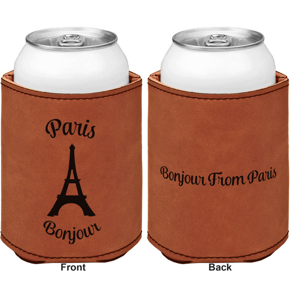Paris Bonjour and Eiffel Tower Cognac Leatherette Can Sleeve - Double Sided Front and Back