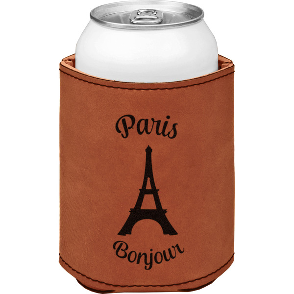 Paris Bonjour and Eiffel Tower Cognac Leatherette Can Sleeve - Single Front