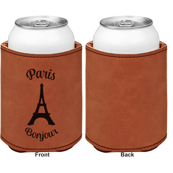 Paris Bonjour and Eiffel Tower Cognac Leatherette Can Sleeve - Single Sided Front and Back