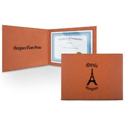 Paris Bonjour and Eiffel Tower Leatherette Certificate Holder - Front and Inside (Personalized)