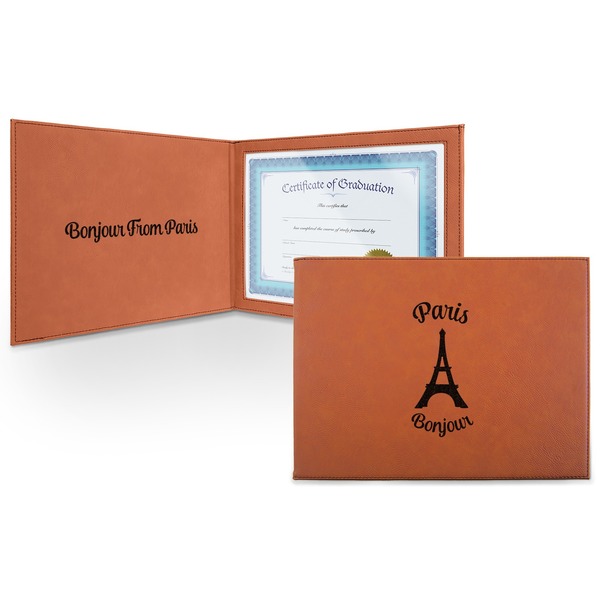 Custom Paris Bonjour and Eiffel Tower Leatherette Certificate Holder - Front and Inside (Personalized)