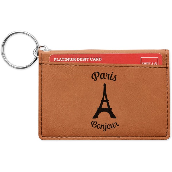 Custom Paris Bonjour and Eiffel Tower Leatherette Keychain ID Holder - Single Sided (Personalized)