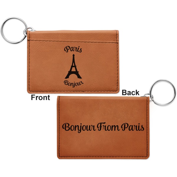 Paris Bonjour and Eiffel Tower Cognac Leatherette Keychain ID Holders - Front and Back Apvl