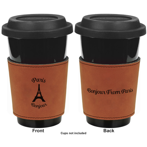 Paris Bonjour and Eiffel Tower Cognac Leatherette Mug Sleeve - Double Sided Apvl