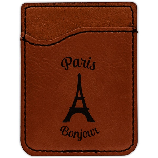 Paris Bonjour and Eiffel Tower Cognac Leatherette Phone Wallet close up