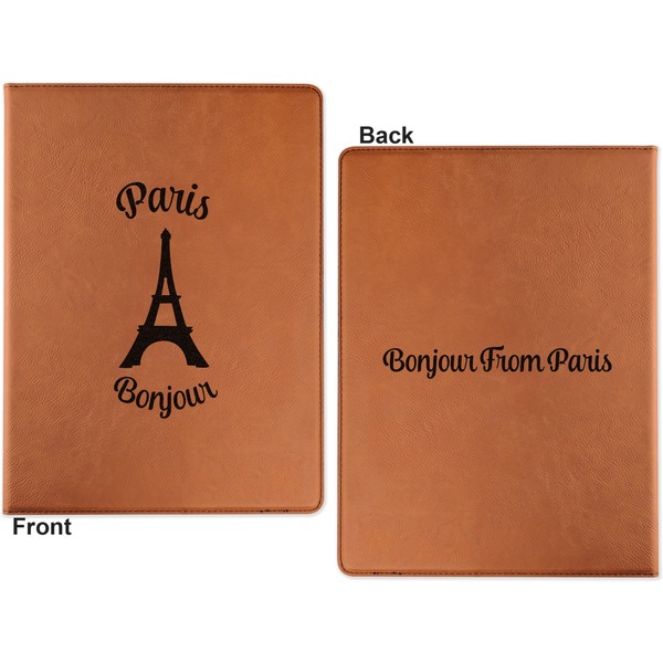 Paris Bonjour and Eiffel Tower Cognac Leatherette Portfolios with Notepad - Small - Double Sided- Apvl