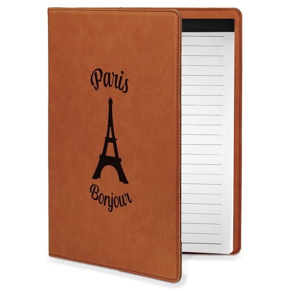 Custom Paris Bonjour and Eiffel Tower Leatherette Portfolio with Notepad - Small - Double Sided (Personalized)