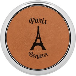 Paris Bonjour and Eiffel Tower Set of 4 Leatherette Round Coasters w/ Silver Edge (Personalized)