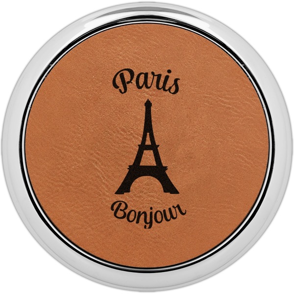 Custom Paris Bonjour and Eiffel Tower Set of 4 Leatherette Round Coasters w/ Silver Edge (Personalized)