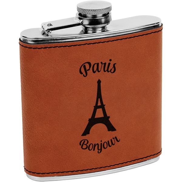 Custom Paris Bonjour and Eiffel Tower Leatherette Wrapped Stainless Steel Flask (Personalized)