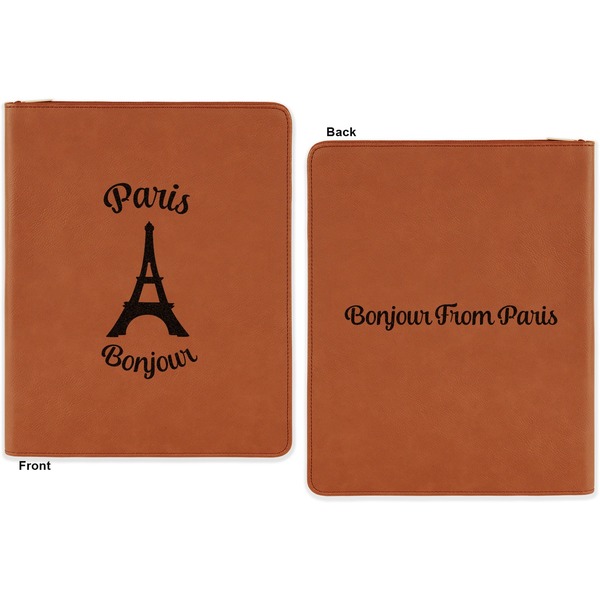 Paris Bonjour and Eiffel Tower Cognac Leatherette Zipper Portfolios with Notepad - Double Sided - Apvl