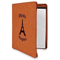 Paris Bonjour and Eiffel Tower Leatherette Zipper Portfolio with Notepad (Personalized)
