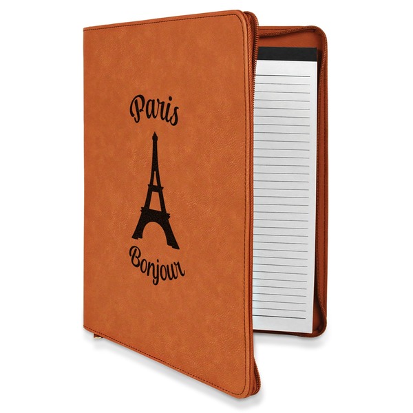 Custom Paris Bonjour and Eiffel Tower Leatherette Zipper Portfolio with Notepad - Double Sided (Personalized)