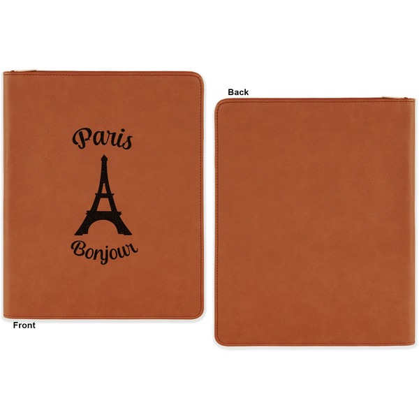 Paris Bonjour and Eiffel Tower Cognac Leatherette Zipper Portfolios with Notepad - Single Sided - Apvl
