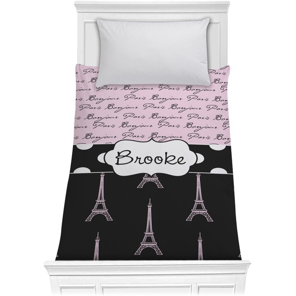 Custom Paris Bonjour and Eiffel Tower Comforter - Twin (Personalized)