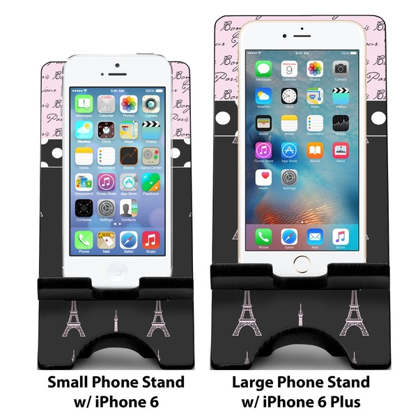 Paris Bonjour and Eiffel Tower Compare Phone Stand Sizes - with iPhones