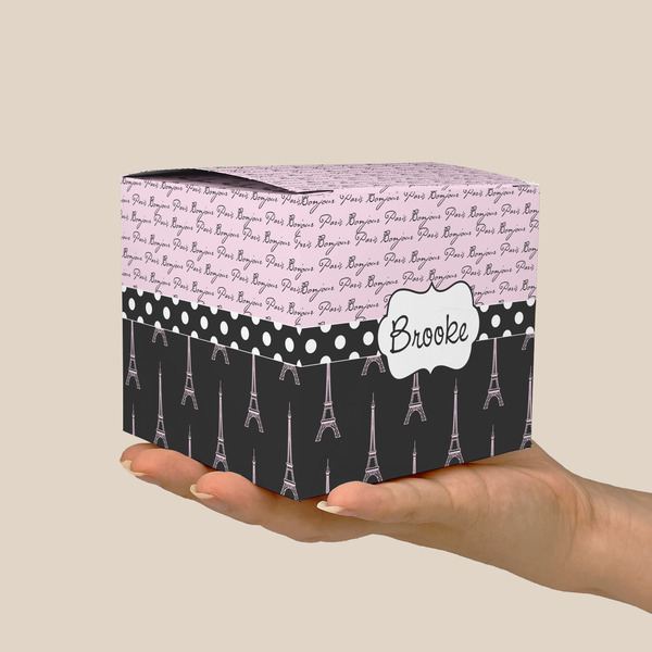 Paris Bonjour and Eiffel Tower Cube Favor Gift Box - On Hand - Scale View