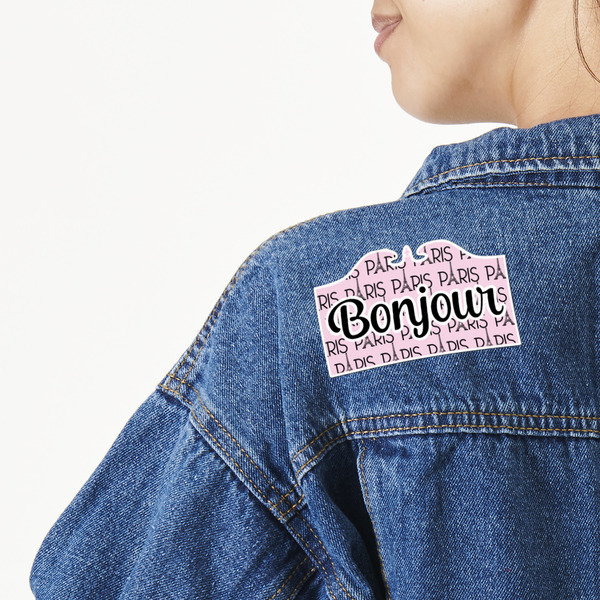 Custom Paris Bonjour and Eiffel Tower Twill Iron On Patch - Custom Shape - Large - Set of 4 (Personalized)