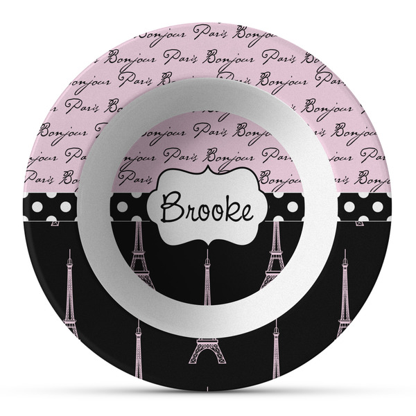 Custom Paris Bonjour and Eiffel Tower Plastic Bowl - Microwave Safe - Composite Polymer (Personalized)