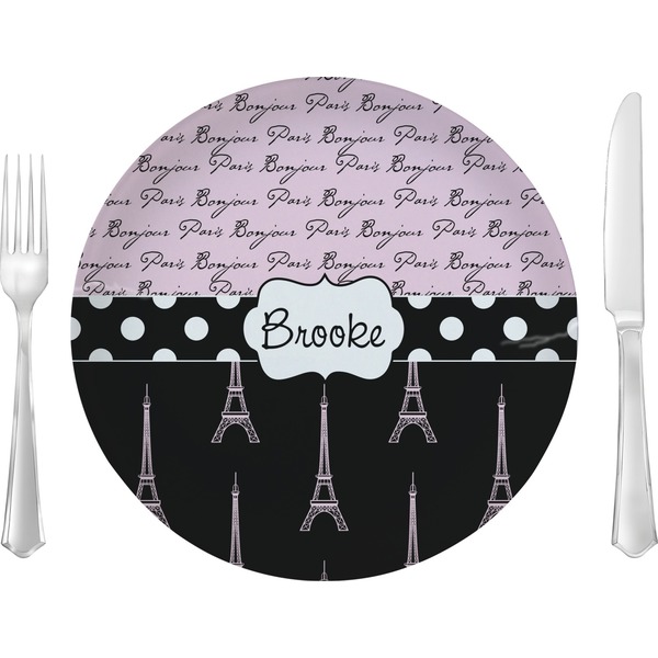 Custom Paris Bonjour and Eiffel Tower Glass Lunch / Dinner Plate 10" (Personalized)